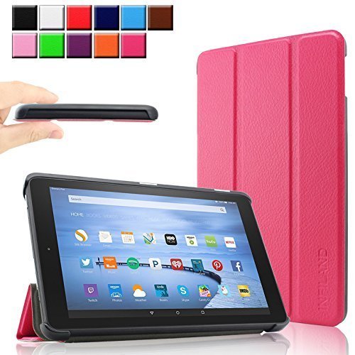 Fire 7 Zoll 2015 Hülle Case, Infiland Fire 7 Zoll Huelle Ultra Dünn Tri-Fold Muschel PU Leder Ultra Schlank Superleicht Ständer Shell Cover Schutzhülle Etui Tasche für Amazon Fire 7 Zoll 2015 (7-Zoll-Tablet, 5. Generation - 2015 Modell)(Magenta)