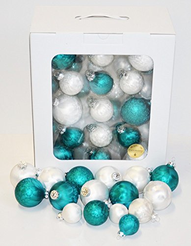 Thüringer Glasdesign Jack 59x Glas Christbaumkugeln 4 5 6 7 cm Eislack Petrol Weiß Weihnachtskugeln
