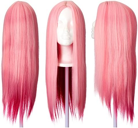 Long Straight Women’s Costume Wig for Festivals, Parties, Fancy Dress, Hen Nights, Cosplay, Celebrations ~ Heat Resistant Synthetic Hair and Fully Adjustable Lace Cap ~ Green, Pink, Purple & Blonde