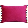 Riva Paoletti Fiesta Rectangular Filled Cushion Multicoloured Pompom Edges-Soft Velvet Fabric-Discreet Zip Closure-100 Case (14" x 20" inches), Polyester, Hot Pink/Multi, 35 x 50cm