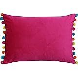 Riva Paoletti Fiesta Rectangular Feather Filled Cushion Multicoloured Pompom Edges-Soft Velvet Fabric-Discreet Zip Closure-100 Case (14" X 20" Inches), Polyester, Hot Pink/Multi, 35 X 50 cm