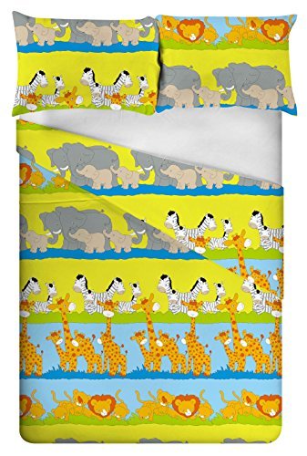 Childrens Double Bed Colourful Animal Print Duvet Cover Set. Colour: Bright Multi-colour Animal Families Design. Size: 200cm x 200cm