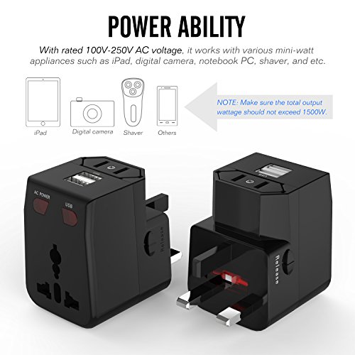 MoKo Universal Reiseadapter – All-in-One US / EU / UK / AU Reisestecker AC Power Wall Charger Konverter Stecker Adapter mit 2 USB Ports 2.1A für Smartphone, iPhone, iPad, MP3 Player, Tablet, Schwarz - 6
