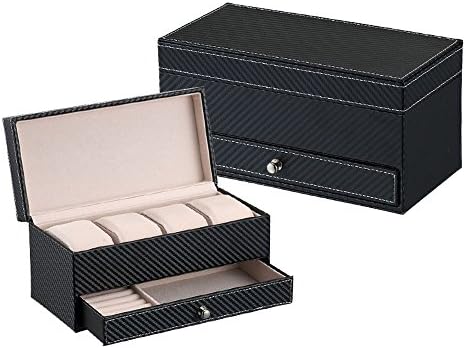 One City Center PU leather Watch Box with Valet Drawer for Men - 4 Slot Luxury Watch Case Display Organizer