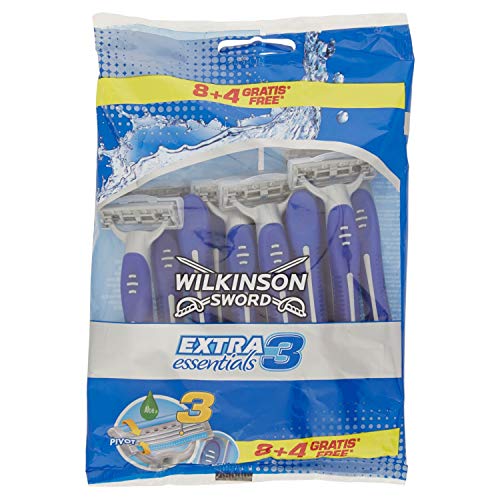 Wilkinson Sword - Rasoio Usa e Getta Extra 3 Essentials - Rasoio a 3 Lame per Uomo - Confezione da 8 Rasoi + 4 in Omaggio