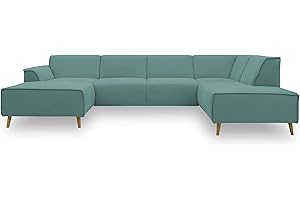 ‎DOMO. COLLECTION DOMO. collection Wohnlandschaft Jules FK, skandinavisches Sofa mit Federkern, Couch in U-Form mit Holzfüßen, 333 x 191 x 81 cm (BxTxH), Longchair links, mint