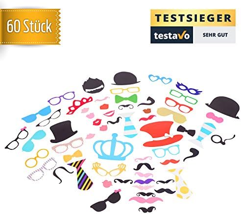 stylished® | 60 Stück extra lustige Fotorequisiten | bunte Fotoaccessoires für tolle Bilder mit Hüten, Krawatten, Brillen, Kronen und viele mehr - Perfekt für Hochzeit, Geburtstag, Party, Feiern