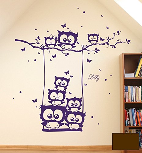 ilka parey wandtattoo-welt® Wandtattoo Wandsticker Eulenwandtattoo Eulen auf Schaukel Eulenbaum Eule mit Wunschnamen Schmetterlingen und Punkten Aufkleber Sticker M1577 - ausgewählte Farbe: *Schokobraun* ausgewählte Größe: *L 100cm breit x 100cm hoch