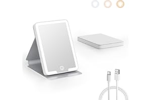Kintion Rechargeable Compact Mirror, Portable LED Pocket Mirror, Travel Mirror with Light, 3 Color Modes Dimmable, Folding, Handheld, Purse Small Mirrors for Women Gift, White