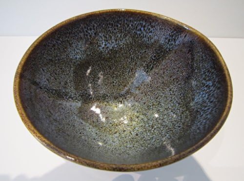 Table centrepiece; Ceramic art; Bowl with complex blue, green, brown and black tenmoku glaze; Functional art; Display piece; Gallery piece; Salad bowl; Fruit bowl; Serving dish; Handmade ceramic bowl with shiny blue and black glaze; Wedding present; Housewarming gift; Mother's Day gift; Birthday present