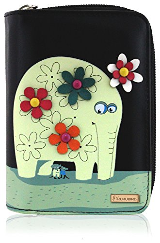 kukubird Elephant Womens Wallet PU Leather Bifold Card Holder with Zipper Coin Pocket Purse-Black