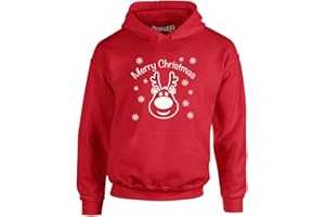 Brand88 - 'Merry Christmas Rudolph Face' Christmas Novelty Pullover Kids Hoodie For Boys And Girls, Festive Long Sleeve Hoody Jumper