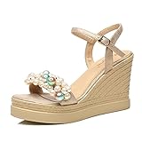 Sandalen Feifei Frauen Schuhe Tuch Material Sommer Vintage-Mode Strass Komfortable 3 Farbe Optional (mit Hoch: 9 cm, Wasserdichte Plattform: 3,5 cm) (Farbe : Gold, Größe : EU38/UK5.5/CN38)
