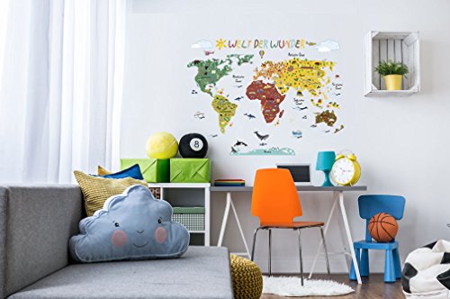 Preisvergleich Produktbild Wandtattoo Weltkarte / Kinderzimmerdeko / Monumente Tiere Flugzeuge Heißluftballoons / selbstklebend & rückstandslos entfernbar / XXL Format / pädagogisch wertvolle Kinderzimmerdeko - Tokopi ®