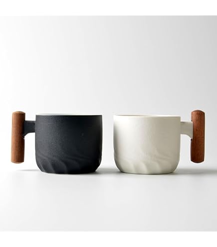 4 Espressotassen 70 Ml – Keramik Mit Holzgriff, Vertikale Streifen, Mini-Kaffeetassen-Set