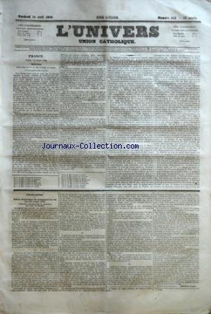UNIVERS (L') [No 413] du 14/04/1848 - FRANCE - PARIS 13 AVRIL 1848 - ELECTIONS - CIRCULAIRES DE NN SS LES EVEQUES DE FRANCE - FEUILLETON - PRECIS HISTORIQUE DE LÔÇÖORGANISATION DU TRAVAIL AVANT 1789 - NAISSANCE ORGANISATION ET ABOLITION DES CORPS ET METIERS ÔÇô I PAR MARTIN DÔÇÖOISY