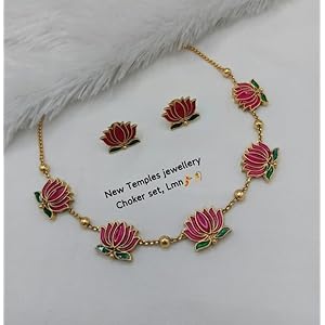 Traditional Lotus Flower Design Necklace Jewellery Set for Women & Girls | Gold Plated Alloy with Earrings | Cubic Zirconia, Adjustable Design No TM384