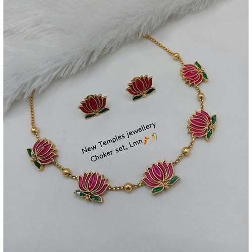 Traditional Lotus Flower Design Necklace Jewellery Set for Women & Girls | Gold Plated Alloy with Earrings | Cubic Zirconia, Adjustable Design No TM384