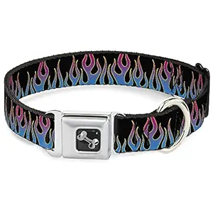Buckle-Down Seatbelt Buckle Dog Collar - Flames Black/Blue/Pink - 1