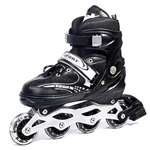 Sisliya Adjustable Inline Skates, Illuminated Inline Skates with Light Up Wheels Flashing Inline Skates for Kids, Boys and Girls || Black&White