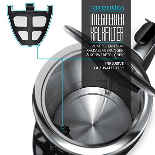 Arendo – 3000 Watt Edelstahl Wasserkocher | Cool-Touch Doppelwand-Design | 3000 Watt Leistungsaufnahme (Schnellkoch Wasserkocher) | Strix-Controller / automatisch Abschaltung | integrierter Kalkfilter | 1,7 Liter - 3