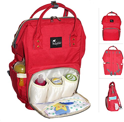 Preisvergleich Produktbild Wickelrucksack rot :: Wickeltasche zum Umhängen :: XL Volumen, bis 10 Kilogramm Füllgewicht :: Rucksack für Windeln Baby Kleinkinder :: Tasche zum Reisen und für Kinderwagen