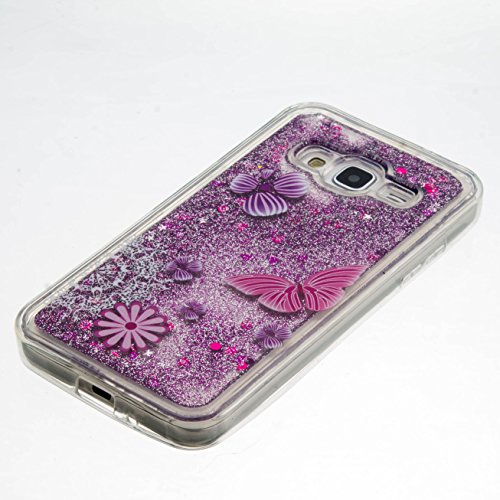 für Samsung Galaxy J3 2016 Hülle,SKYXD Glitzer Flüssig Wasser Kreativ Design Weiche Silikon Gel Gummi [Nicht Hard Case] Brillianter Leichtes Glatt Schutzhülle mit [Handyanhänger + Eingabestifte] Handy Tasche Hülle Etui für Samsung Galaxy J3 2015/2016 SM-J320 Soft Shine Bling Glitter Liquid Water Folie Case Back Cover With Touch Pen Dust Plug – Violett Treibsand Sparkle mit Rosa Schmetterling Muster - 2