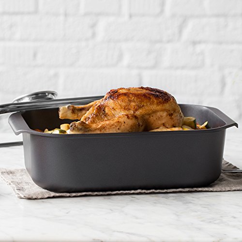 Aluguss Bräter 2 tlg. mit Glasdeckel und integriertem Aromaknopf (34 x 25,5 x 9,5 cm ) von K & G seit 1948 robuster Alugussbräter mit Dampfloch (6 l) antihaft / Teflon beschichtet - 5