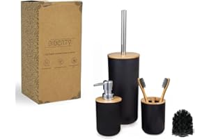 Biberty Juego Accesorios baño Negro y bambú, Incluye dispensador jabón, escobilla de baño y Porta Cepillo de Dientes - Kit Completo de 3 Piezas sin Taladro