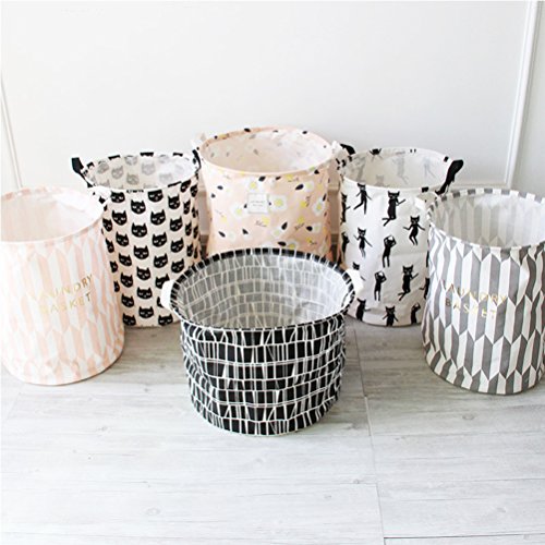 Inwagui Baumwolle Wäschesammler Klapp-Runde Wäschetruhe Haushalt Organizer Korb Wäschebox Kinderzimmer Badezimmer – Weiße Katze A - 6
