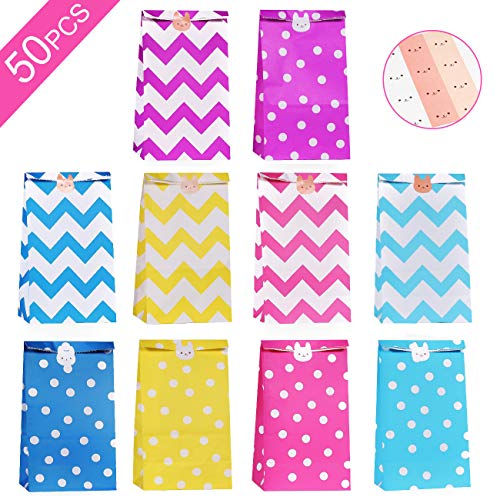 Huker 50 Pcs Bolsas de Regalo Ambiental, Bolsa de Papel de Color Kraft y 96 Pcs Pegatina Conejo, Bolsas Regalo Caramelo para Boda Fiestas de Cumpleaños