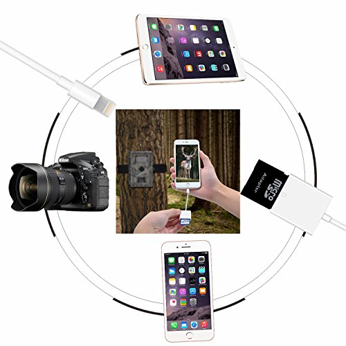 Lightning to SD Card Reader for iPhone iPad, Trail and Game Camera Card Reader Adapter Cable for iPhone, iPad Mini and iPad Air No App Required- IOS 9.2 or up to 10.3.2 [Updated Version]