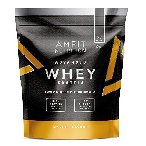 Marca Amazon - Amfit Nutrition Proteína Whey de suero de leche sabor mango, 32 porciones,  990 g