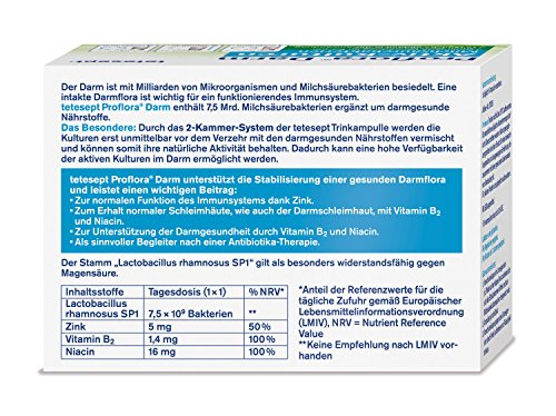 tetesept Proflora Darm Aktiv-Kulturen Trinkampullen – 7, 5 Mrd. Milchsäurebakterien in Trinklösung, ergänzt um darmgesunde Nährstoffe – 1er Pack à 7 Fläschchen [Nahrungsergänzungsmittel]