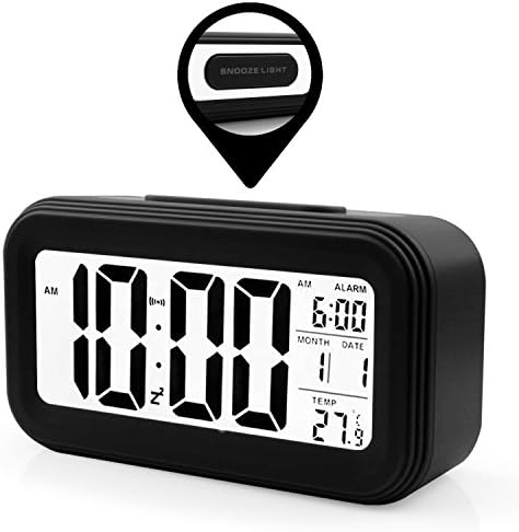 VOCC® Battery Operated Digital Alarm Clock With Extra Large Display, Snooze, Date display, Temperature and Smart light (Black 1)