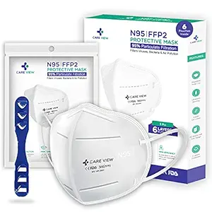 CAREVIEW N-95 Model No. CV1221, Ear Loop Style (Pack of 6) Protective Face Mask with 6 Layered Filtration(With Head Mask Extender)