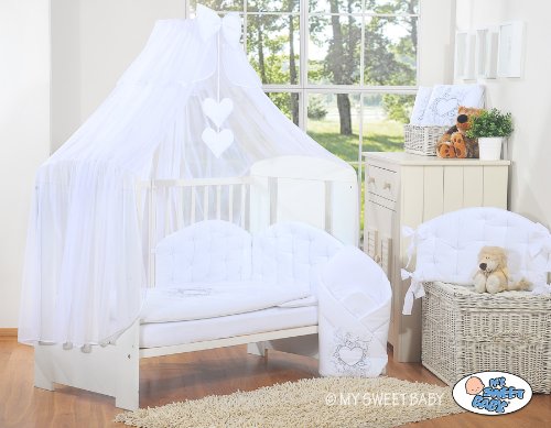 LUXURY & ABSOLUTE BEAUTIFUL with embroidered heart white baby bedding set for your little one cot bed or cot (includes: cover x 2, bumper made of 3 pcs, big mosquito net / canopy / drape made of chiffon to cover all 4 sides of the bed, decorative bow & hearts) + drape holder (fits most types of cots and cot beds with ends/heads up to 4cm thick)