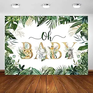 Avezano Jungle Animals Oh Baby Backdrop for Baby Shower Decoration Photography Background Safari Gold Green Greenery Leaves Gender Neutral Baby Shower Birthday Party Photoshoot (7x5ft)