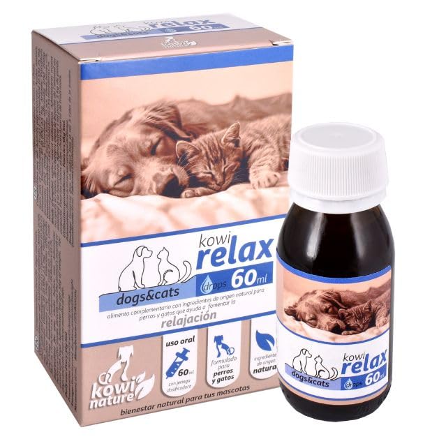 KOWI Relax Drops Relajante para Perros y Gatos. con L-Triptófano, Passiflora, Valeriana y Vitamina B1. Complemento Que Ayuda a Calmar la Ansiedad y el Estrés. Ingredientes Naturales. Frasco 60 ml.