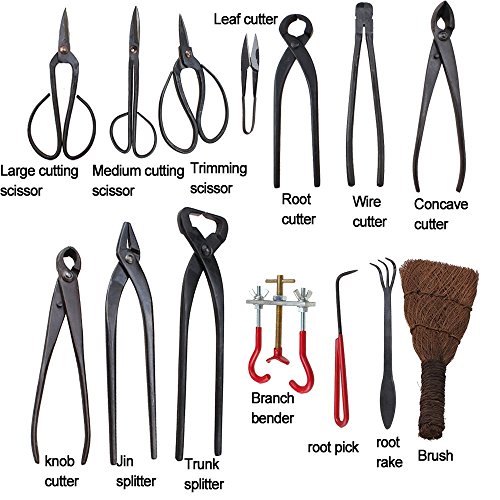 IMAGE 14PCS Gardening Bonsai Tool Carbon Steel Set Master Professional Shear And Brush Kit With Roll Wires In Heavy Duty Nylon Case Multi-function Outdoor Entrenching Tools for Hiking & Camping Gardening Carbon Steel Shear Set and Tool Kit