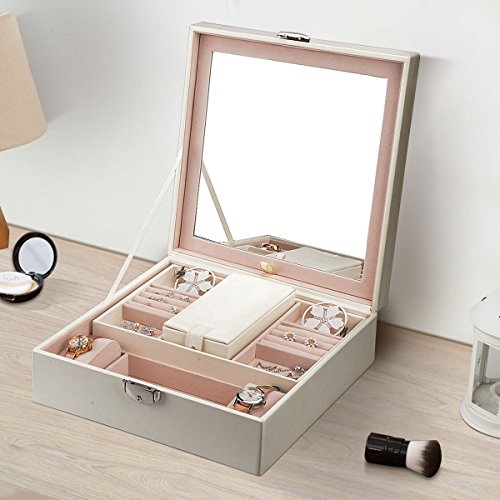 Preisvergleich Produktbild Schmuckkasten Schmuckkästchen, Fypo Schmucklade Schmuckkoffer Schmuckaufbewahrung Schmuckschrank abschließbar mit spiegel weiß 25,3 x 25,3 x 8,5 cm