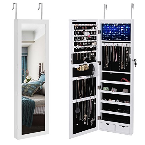 Songmics LED Joyero Espejo Armario Guardajoyas con cerradura Montado en pared Colgado en Puerta JBC93W