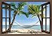 Produktbild Artland Poster Kunstdruck oder Leinwand-Bild Wandbild fertig aufgespannt auf Keilrahmen eyetronic Fensterblick Urlaub am Palmenstrand Karibik mit Hängematte Landschaften Amerika Karibik Foto Blau