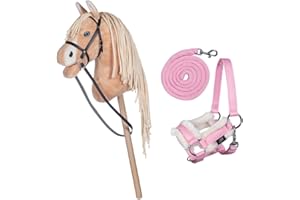 HKM Kids Hobby Horse, Palomino, Beige, mit Halfter und Führstrick in Rosa, Steckenpferd für Kinder, Pferde Spielzeug