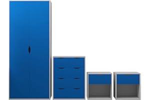 AFN HOME AFN Delvito 4 Piece Bedroom Furniture Set - Includes Wardrobe, 5 Drawer Chest, Bedside Cabinet (Blue on White)