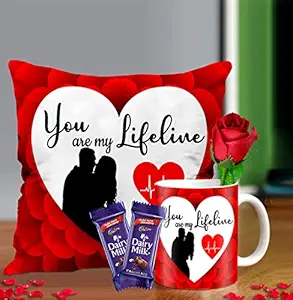 Midiron Dairy Milk Chocolate Gift Combo| Love Quoted Cushion and Ceramic with Red Rose| Valentine?s Gift, Birthday Gift, Anniversary Gift for Boys, Girls, Someone Special