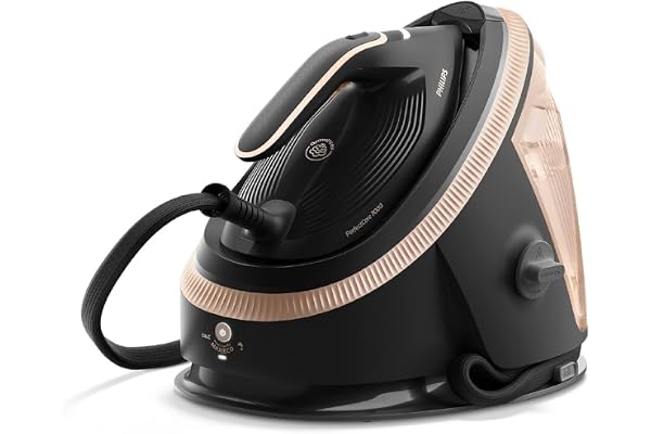 Philips Centrale vapeur PerfectCare Série 7000-2850W, Pressing 650 g/min, 8.5 Bars, Technologie OptimalTEMP, Réservoir 1,5L, Semelle SteamGlide Elite, Vapeur Intelligente, Noir/Doré (PSG7300/80)