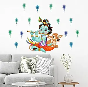 Paper Plane Design Lord Krishna Flute Singing With Cow And Peacock Petal Decorative Wall Sticker - (Pvc Vinyl, 125 cm X 90 cm, Multicolour)