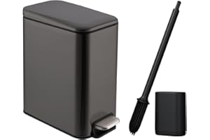 ianomla 5L Bathroom Bin with Loo Brush, Black Small Steel Pedal Bin, Slim Kitchen Rubbish Trash Can, Garbage Dustbin with Lid and Inner Can Liner Bucket, for Narrow Space, Office, Make up Room