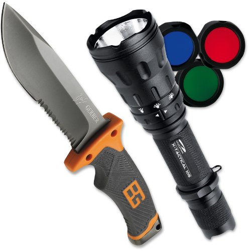 LiteXpress Gerber Set, Gerber Bear Grylls Messer Ultimate GE31-000751 und LiteXpress X-Tactical 105 LED-Taschenlampe bis zu 550 Lumen LXL448001B SET-KOMBI65